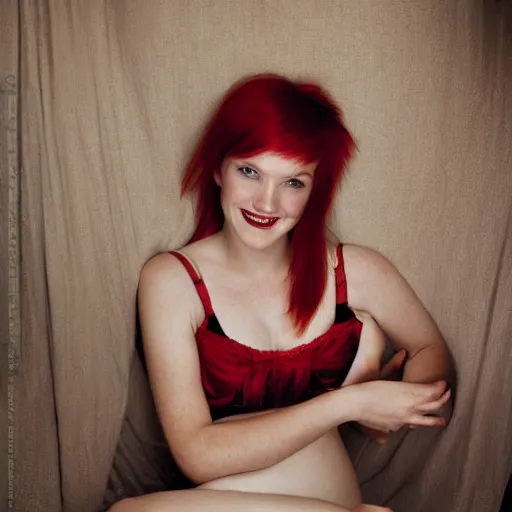 Image similar to young pretty woman with red hair smiling seductively at the camera, very light freckles, sitting in bed, award winning portrait photo by annie liebowitz