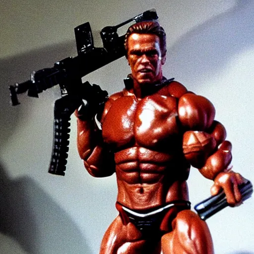 Image similar to a 12 inch action figure of Arnold Schwarzenegger from Predator. Big muscles. Holding an automatic rifle in his hands. Plastic shiny.