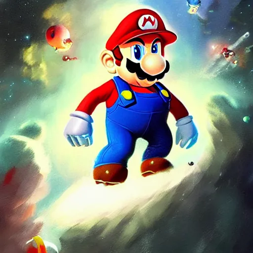 Image similar to mario in space by greg rutkowski, digital art, trending on artstation, highly detailed