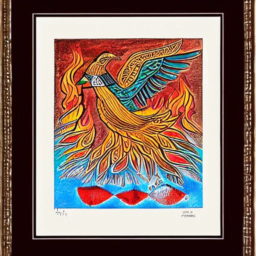 Prompt: a bird rising above the flames, mexican folk art, native american folk art, relief engraving, framed art, simple, mild expressionism, award winning