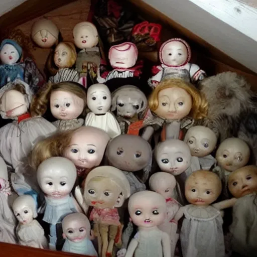 Prompt: attic full of creepy dolls