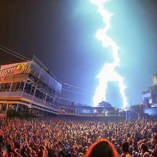 Image similar to rock concert in a city with a lightning bolt hitting the stage