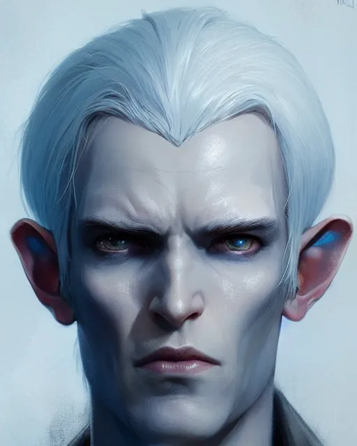 Image similar to character portrait of a slender half - elven man with white hair, piercing blue eyes and pale bluish skin, by greg rutkowski, mark brookes, jim burns, tom bagshaw, trending on artstation