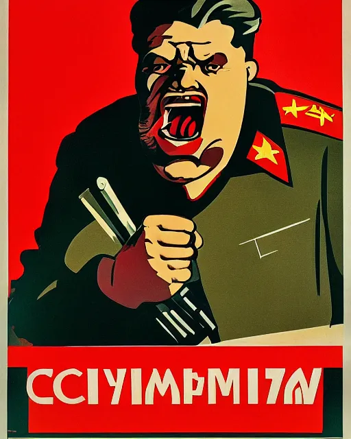 Image similar to soviet propaganda poster of an angry communist developer yelling at his computer