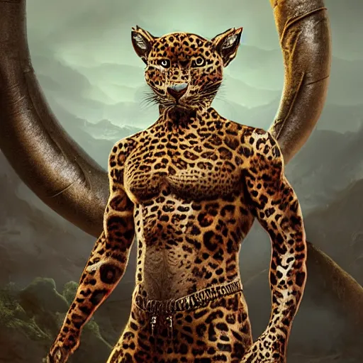 Image similar to the trickster is the god of chance and change. he is the god of adventure and excitement. the trickster is a male god, and he is usually depicted as a man wearing a leopard skin. highly detailed and intricate 8 k concept fantasy art illustration