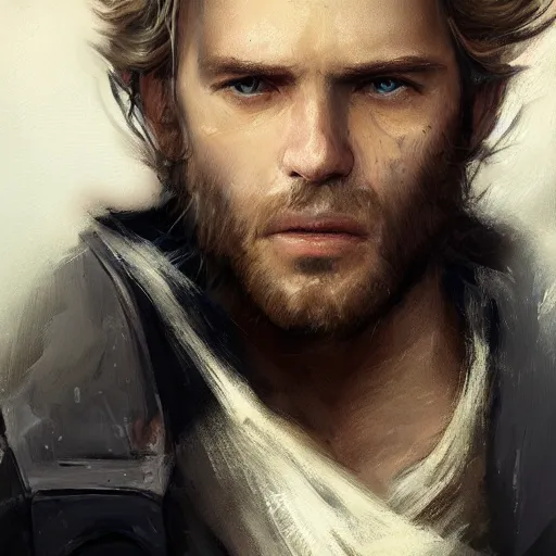 Image similar to portrait of a man by greg rutkowski, cade skywalker, messy blond hair, beard, tall and muscular, star wars expanded universe, he is about 3 0 years old, wearing a flying jacket, distrustful and arrogant, highly detailed portrait, digital painting, artstation, concept art, smooth, sharp foccus ilustration, artstation hq