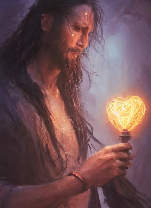 Prompt: portrait of a man with long black hair in brown rags holding a glowing device, fantasy, d & d, heartstone, digital painting, volumetric light, intricate, sharp, focus, bloom, illustration, highly detailed, concept art, matte, ruan jia, randy vargas, greg rutkowski