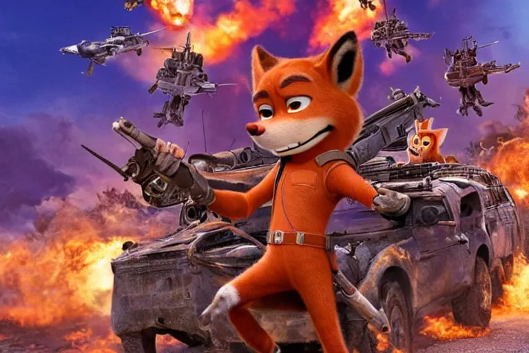 Image similar to nick wilde, heavily armed and armored facing down armageddon in a dark and gritty reboot from the makers of mad max : fury road : witness me