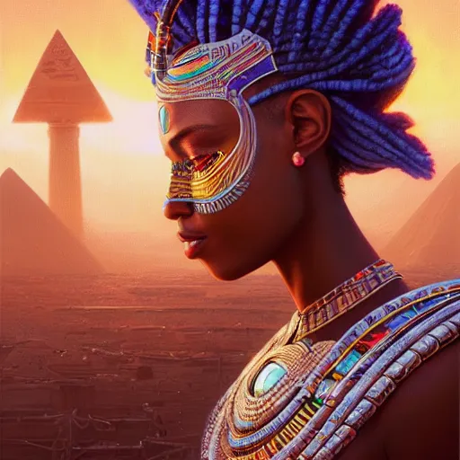 Image similar to highly detailed portrait of an african egyptian goddess, intricate alien technology, stephen bliss, unreal engine, fantasy art by greg rutkowski, loish, rhads, ferdinand knab, makoto shinkai and lois van baarle, ilya kuvshinov, rossdraws, tom bagshaw, global illumination, radiant light, detailed and intricate environment