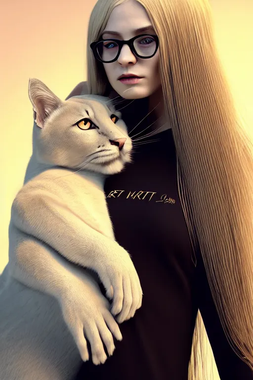 Prompt: art of a beautiful young woman with her very large cat, the woman has very long blonde hair and a full fringe, wearing large thin-rimmed round glasses, wearing modern gothic clothes, trending artstation, digital art, award winning art, aesthetic, 4K, realistic, octane render, Photograph