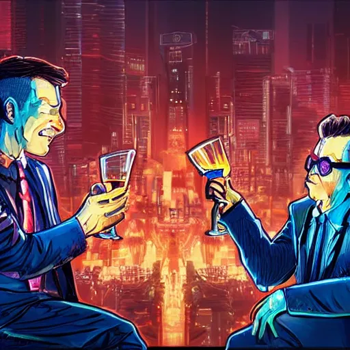 Prompt: two men toast while waiting for the end of the world in a burning cyberpunk city, realistic, high definition, 4K, shimmering color, symmetrical face, realistic face, hyper detailed, art of unreal ingine 5