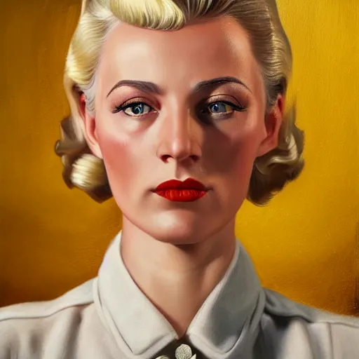 Image similar to A Hearts of Iron IV portrait of a blonde German actress with high cheekbones. Good bone structure. Dressed in 1940s style. Highly detailed, fine Art, high detail, great lighting, 8k resolution, masterpiece, concept art, illustration, clear eyes, painting oil on canvas, octane render, HDR, trending on artstation, 4k, 8k, HD