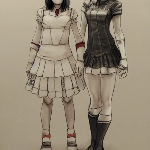 Image similar to a perfect, realistic professional digital sketch for a videogame, two Japanese schoolgirls posing, in style of Marvel, full length, by pen and watercolor, by a professional American senior artist on ArtStation, a high-quality hollywood-style sketch, on high-quality paper