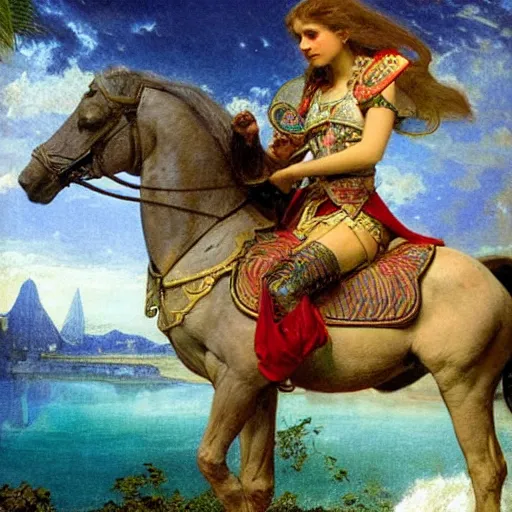 Prompt: Knight girl riding the horse at the palace, refracted sparkles, thunderstorm, greek pool, beach and Tropical vegetation on the background major arcana sky, by paul delaroche, alphonse mucha and arnold böcklin, hyperrealistic 8k, award-winning, very very very detailed