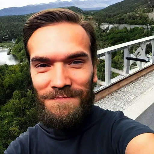 Image similar to pewdiepie selfie at a bridge