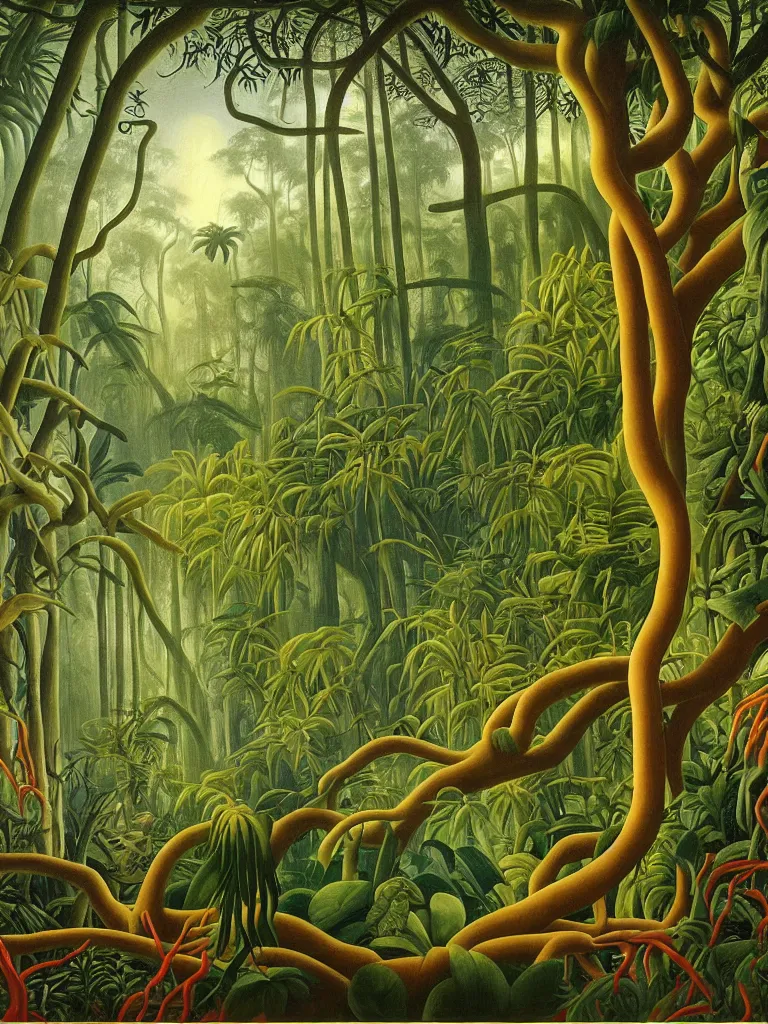 Prompt: A beautiful painting of a foreboding atmosphere inside the lush Malaysian jungle, dense exotic rainforest flora and fauna where time seems to stand still, creeping tree vines that looks like bloody entrails, tree roots like severed limbs by Martin Johnson Heade, Hiroshi Sugimoto, Henri Rousseau, medium close up shot, wide angle lens, photo realistic, anaglyph filter, cinematic mood lighting, National Geographic photograph, cinematography of Apocalypse Now (1977), trending on Art Station.