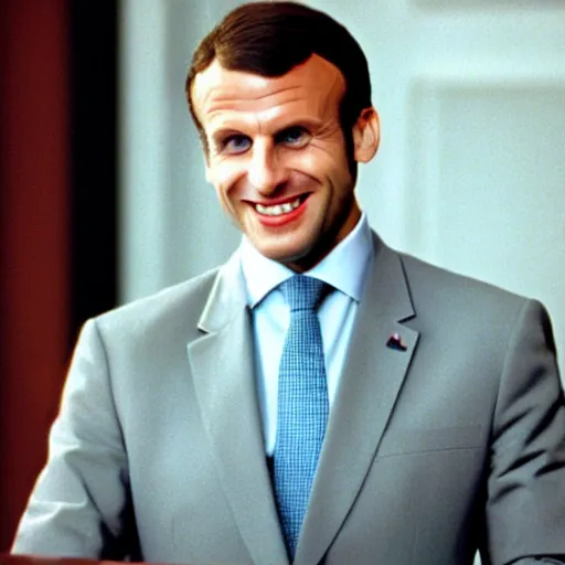 Prompt: Emmanuel Macron vicious smile in American Psycho (1999)
