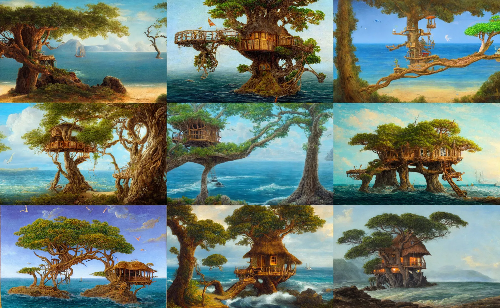 Prompt: genre painting of a mystical island treehouse on the ocean