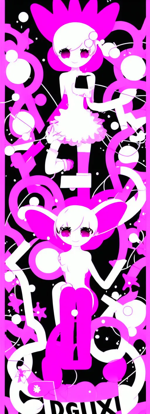 Prompt: digital illustration, kawaii cyber pixie, vector typography logotype, white and black and fuchsia colors, y 2 k aesthetic, graphic design