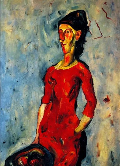 Prompt: an oil painting of a woman in a red dress posing with meat in expressive style of Chaim Soutine, palette of red alizarin and dark gray green, thick impasto painting technique