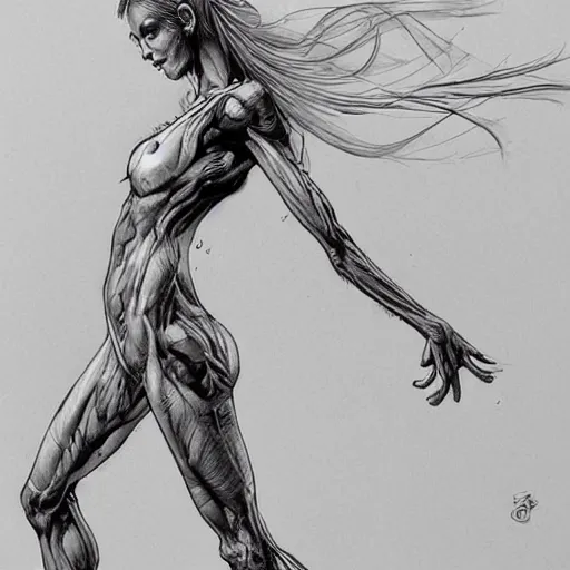 Image similar to hyperrealistic, detailed, skinny lady, gorgeous, dynamic pose, ink, line art by Kim Jung gi