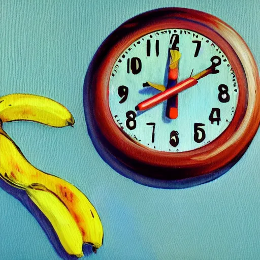 Image similar to oil painting impressionist stopwatch clock and banana arrow flying through the air, ( bugs flies buzzing around ), whimsical, detailed,