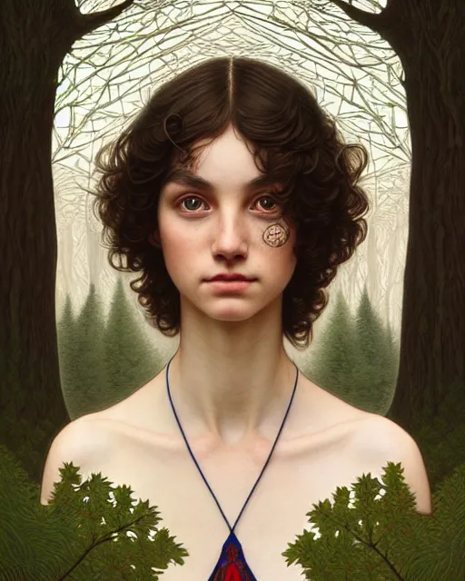 Image similar to symmetry portrait of welsh brunette student in mans tunic, embroidery, trees, tomboy, short hair, intricate forest background, intricate, elegant, highly detailed, digital painting, artstation, concept art, smooth, sharp focus, illustration, art by artgerm and greg rutkowski and fra angelico and alphons mucha