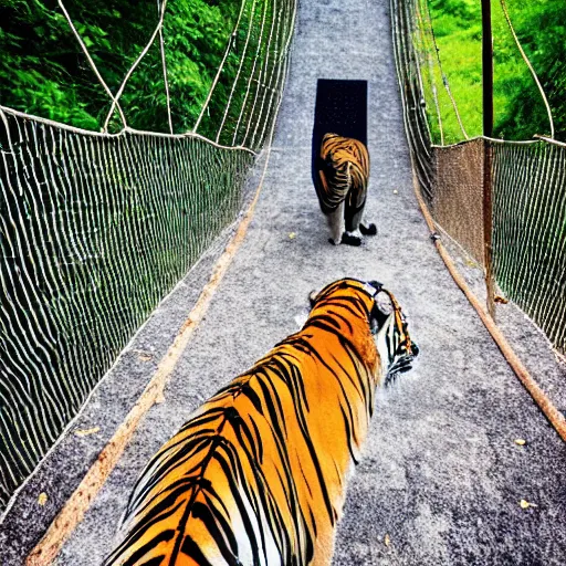 Prompt: First person view facing a tiger on a rope bridge