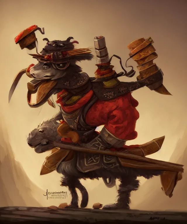 Prompt: anthropomorphic llama samurai eating sushi, samurai outfit, standing in a beautiful landscape, cute and adorable, dnd character art portrait, matte fantasy painting, deviantart artstation, by jason felix by steve argyle by tyler jacobson by peter mohrbacher, cinematic lighting