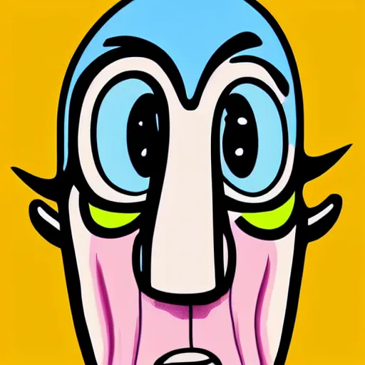 Image similar to cartoon pop art style, strong chin, handsome squidward portrait, vivid colors