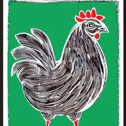 Prompt: a LinoCut Print print of a beautiful a Chicken by Vladimir Zimakov.