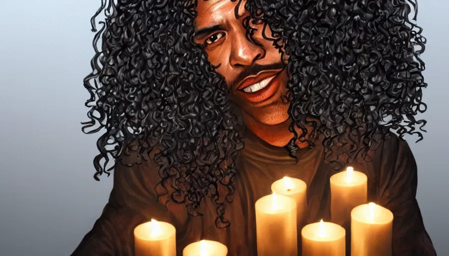 Image similar to A black man with long curly hair, made of candles, beautiful realistic artwork on artstation