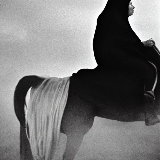 Prompt: A woman with a black cloak is riding a dark horse from distance, Kodak TRI-X 400, melancholic