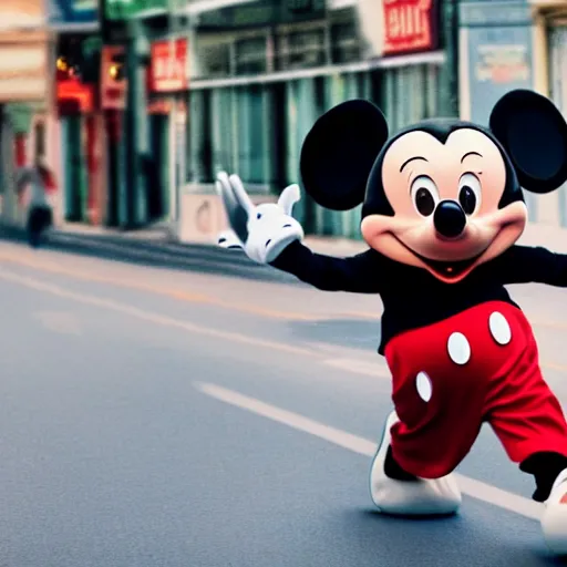 Image similar to Mickey mouse running through town scaring people, realistic, photograph