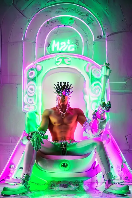 Image similar to fantasy medeival and cyberpunk style white neon statue of a muscular attractive tan male macho dotado android reclining sim roupa con piroca dura, glowing pink face, white baseball cap, green steampunk lasers, emeralds, swirling white silk fabric. futuristic elements. prismatic liquid rainbow light, full-length view. space robots. human skulls. throne made of bones, intricate artwork by caravaggio. Trending on artstation, octane render, cinematic lighting from the right, hyper realism, octane render, 8k, depth of field, 3D