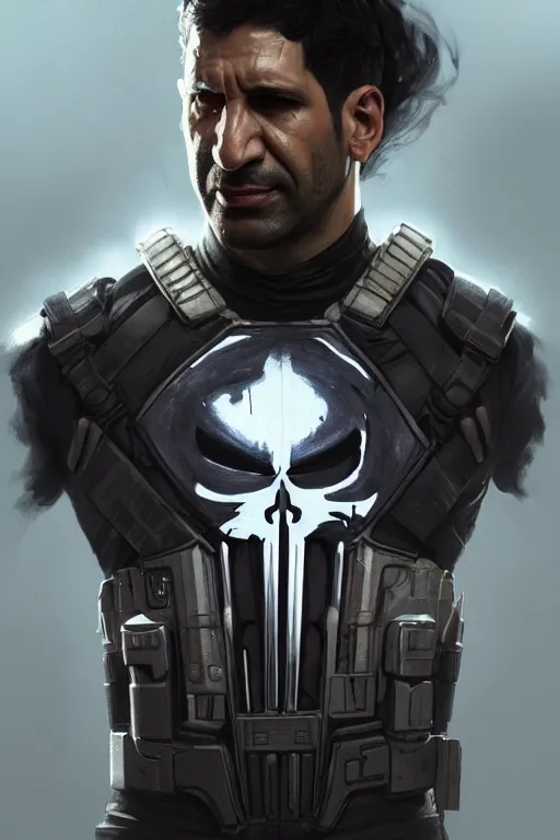 Image similar to rayan reynolds as punisher, portrait, skull on the chest, highly detailed, digital painting, artstation, concept art, smooth, sharp focus, illustration, cinematic lighting, art by artgerm and greg rutkowski and alphonse mucha