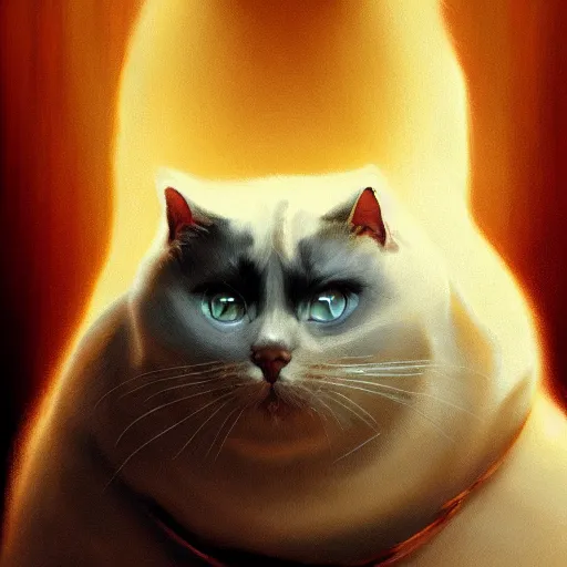 Image similar to a dramatic body portrait of an obese cat, cinematic lighting, symmetric face by karol bak, christopher balaskas, 4 k