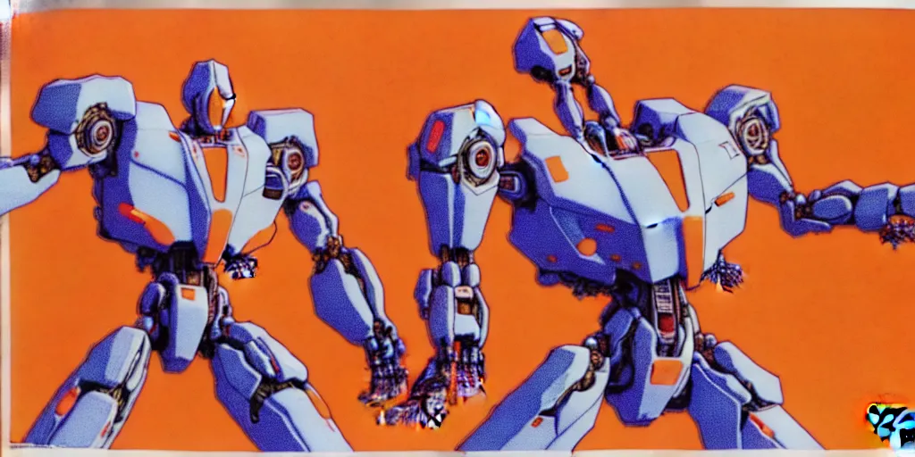 Image similar to risograph rendition of extremely - detailed white huge evangelion - like mech with a lot of orange tiny balls on it, children faces, ominous, intricate complexity, dramatic, epic composition, atmospheric, painting by moebius