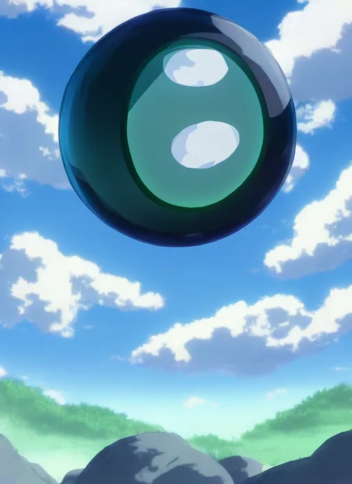 Image similar to an asymmetrical cell - shaded studio ghibli concept art study of a dark cube inside a transparent bubble in the sky. wide shot, very dull colors, hd, 4 k, hq