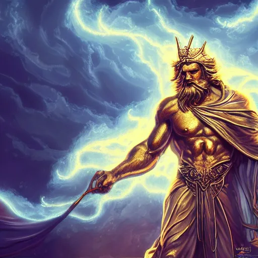 Image similar to Character concept art, Digital Paint, Zeus, God, Character Design, Digital Art, Gold Light, Blue Mist, 8K, insanely detailed and intricate, ornate, hyper realistic, super detailed, Cloudy background, Trending on Artstation, in the style of James Jean