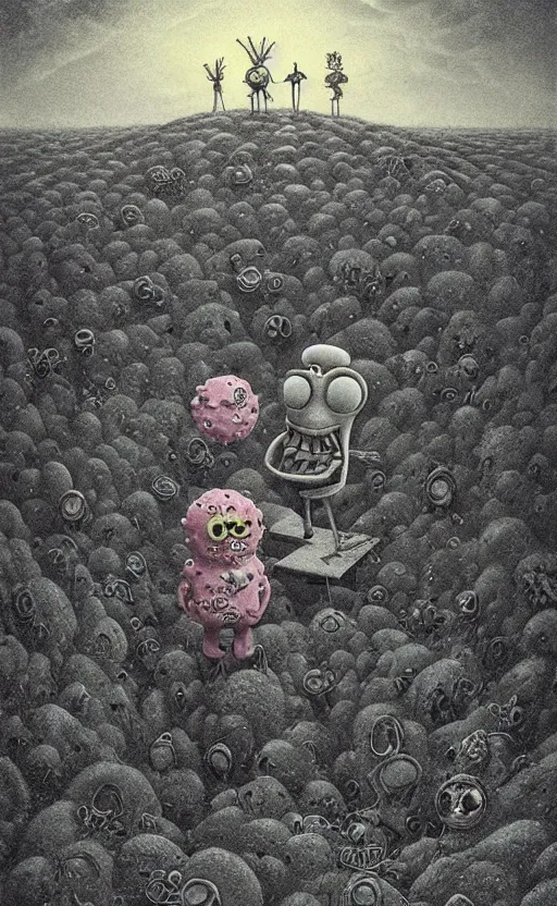 Image similar to spongebob squarepants in style of zdzisław beksinski, standing in wasteland, horror art, creepy, desolate, spongebob, spongebob, spongebob, spongebob