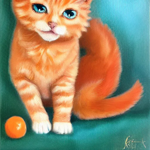 Prompt: knife palette oil painting of an orange tabby kitten with a 5 year old girl with curly blonde hair