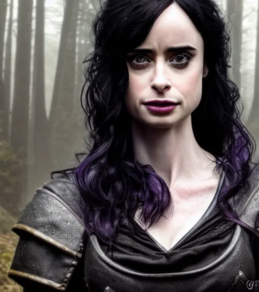 Image similar to 5 5 mm close up portrait photo of krysten ritter as yennefer of vengerberg in black leather armor and long black wavy hair and purple eyes, in a forest. magical atmosphere. art by greg rutkowski. lifelike. very detailed 8 k. intricate. soft light. nikon d 8 5 0.