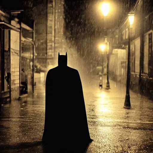 Image similar to 1900's photo of batman with frowning in deep alley street holding his emotion while walking slowly towards a street lamp, rain and smokes while the moon shines on his back, blurry, candid