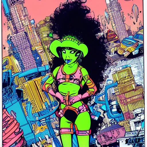 Prompt: a cybergoth girl with wild hair, in the art style of archie comics (1963), artstation, HQ scan, by geof darrow and moebius, geof darrow art, moebius art
