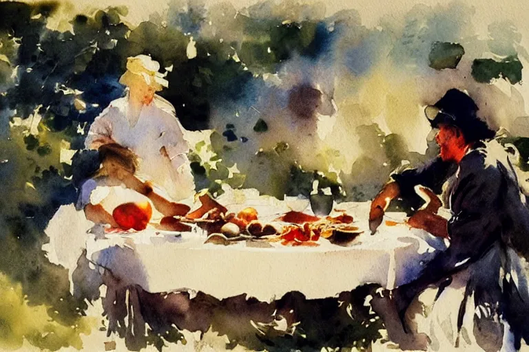 Prompt: abstract watercolor painting of first summer day, portuguese lunch, cinematic light, national romanticism by anders zorn