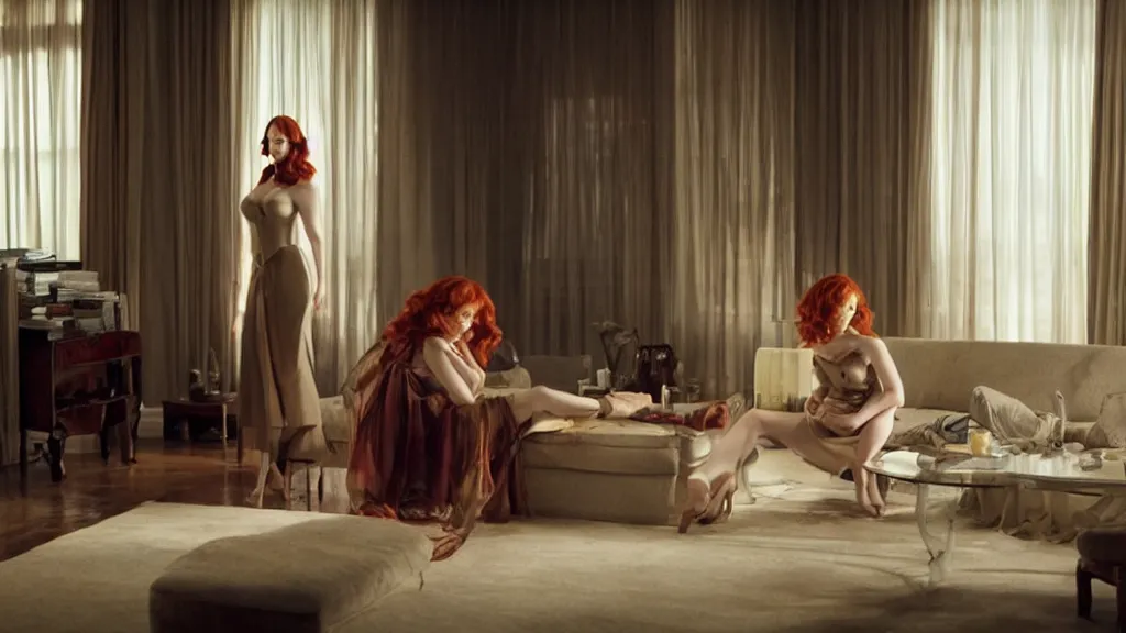 Prompt: Christina Hendricks in the living room, film still from the movie directed by Denis Villeneuve with art direction by Salvador Dalí, wide lens