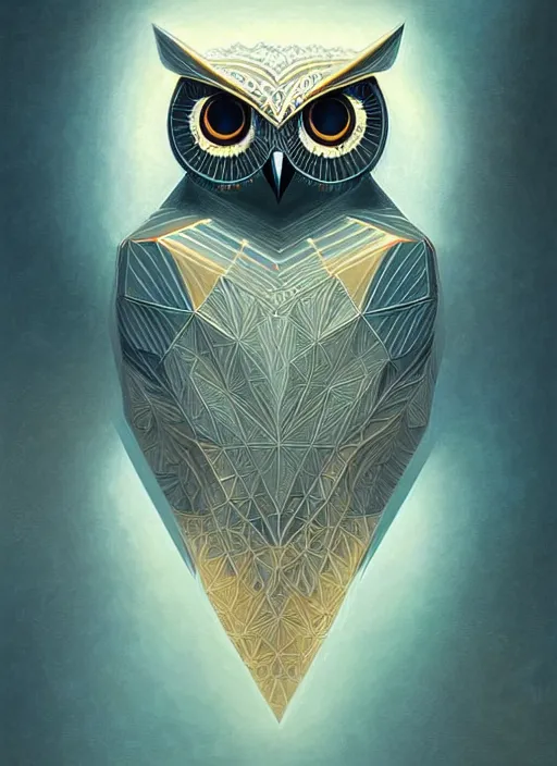 Image similar to portrait of a geometric owl, identical eyes, medium shot, illustration, full body made of white feathers, symmetrical, art stand, super detailed, cinematic lighting, and its detailed and intricate, gorgeous, by peter mohrbacher