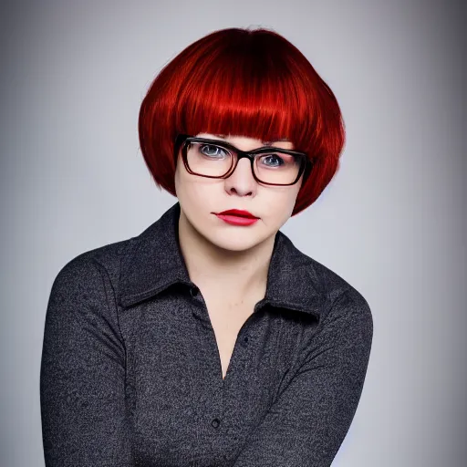 Image similar to dslr photo of velma dinkley, portrait photo, real photo, real camera, extreme detailed face and body, high quality, moody lighting, fast paced lines, sharp quality, enchanting lighting, 8 k