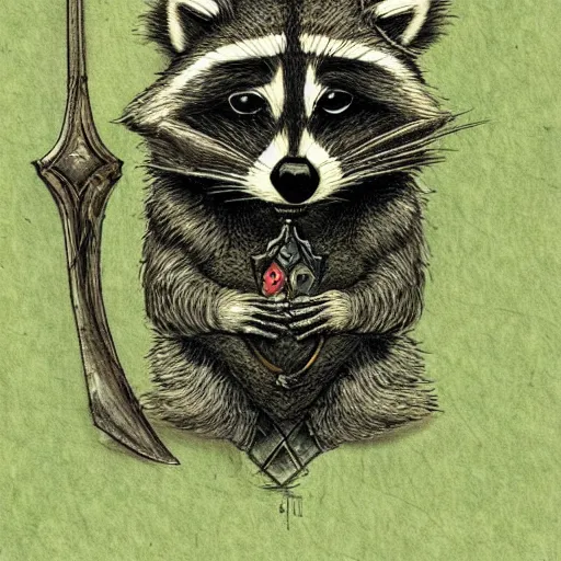 Prompt: a raccoon in a renaissance, green, hooded rogue outfit holding dagger, trending on art station